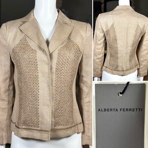Alberta Ferretti Tan 100% Linen Hand Beaded Single Breasted Blazer, Sz 6
